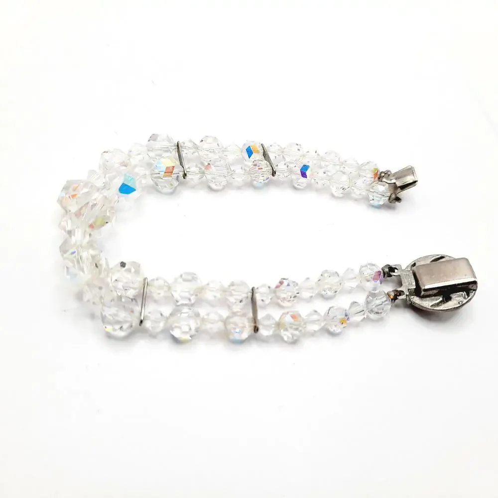 Vintage 1950s Wedding Bracelet, Aurora Borealis Crystal Beads, Rhinestone Clasp